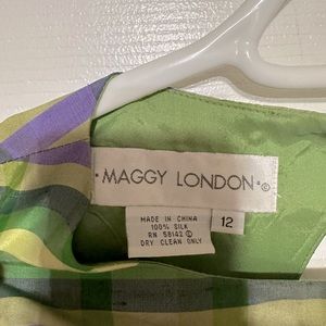 Maggy London silk sheath dress 12 — Mardi Gras purple green - open back detail